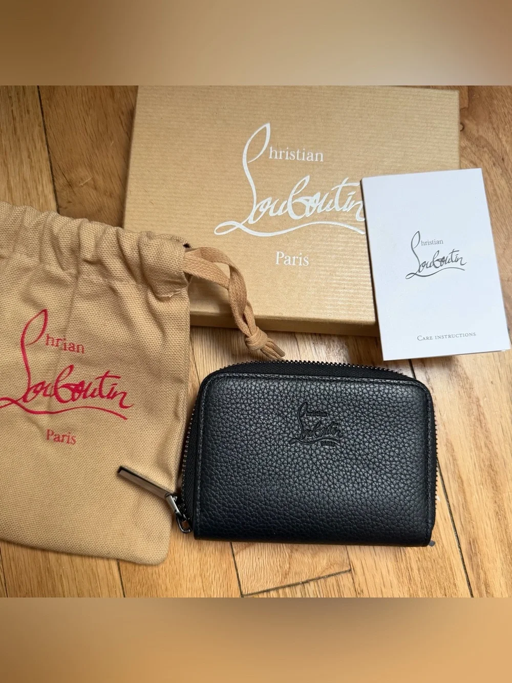 NEW Christian Louboutin black leather PANETTONE zip COIN PURSE card case wallet